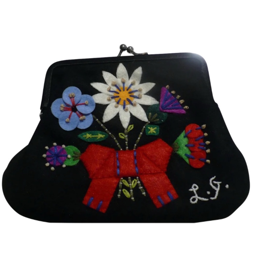 Lulu Guinness Felted Embroidered Floral Black Mini Clutch